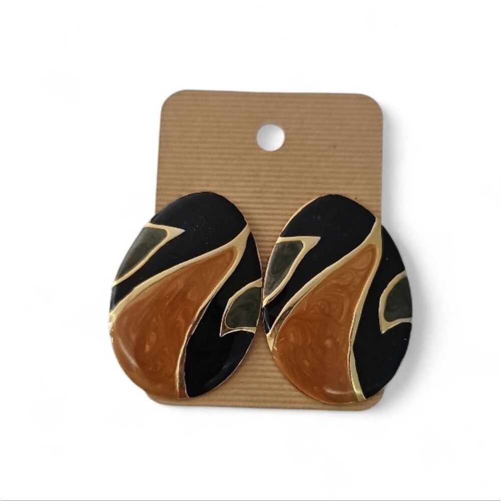 Vintage Abstract Oval Earrings Gold Black Brown Lightweight Statement Jewelry